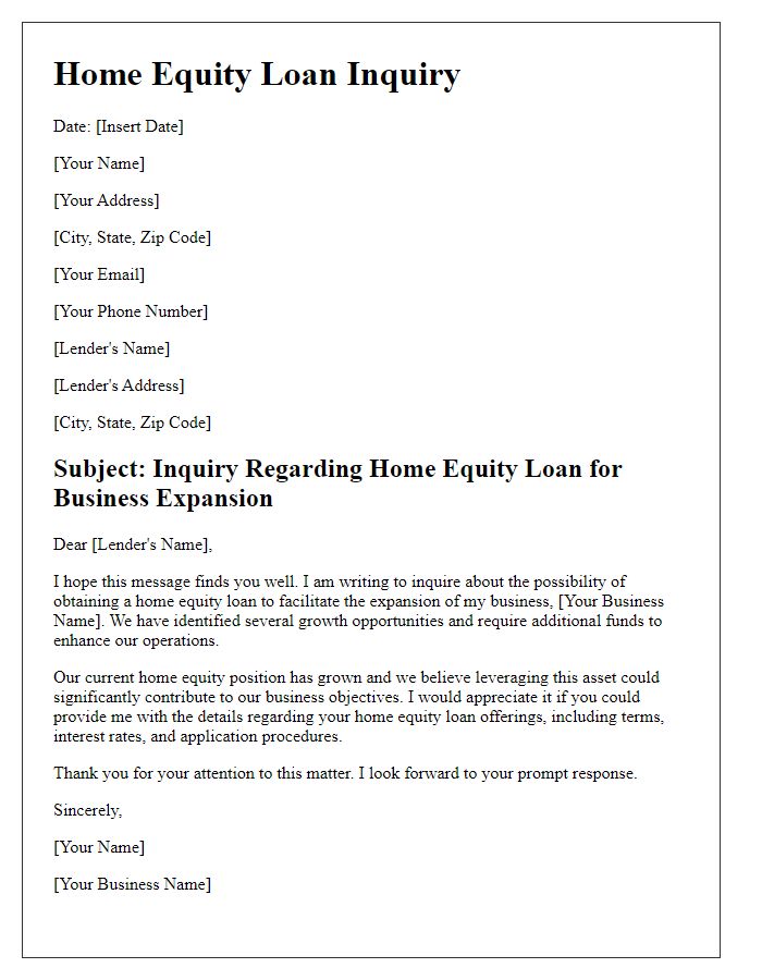 Letter template of home equity loan inquiry for business expansion