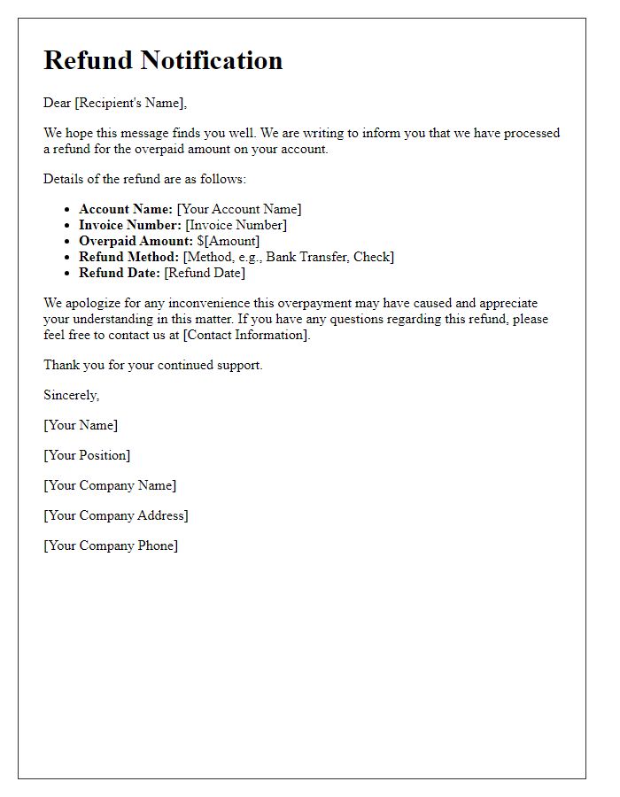 Letter template of notification for refund of overpaid amount