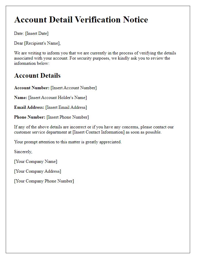 Letter template of Account Detail Verification Notice