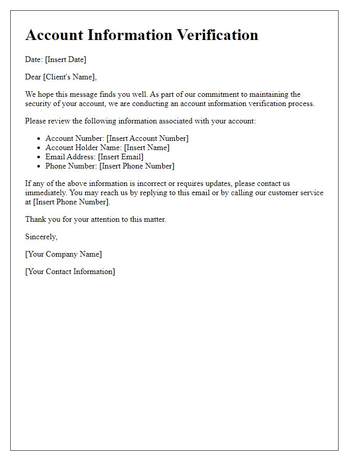 Letter template of Account Information Verification for Clients