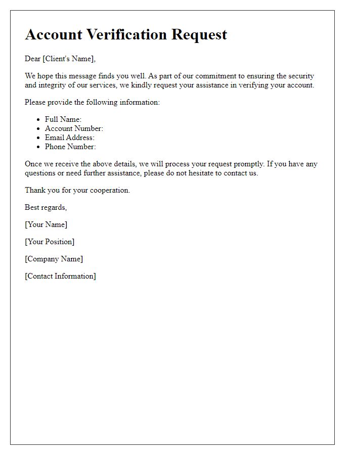 Letter template of Account Verification Request for Clients