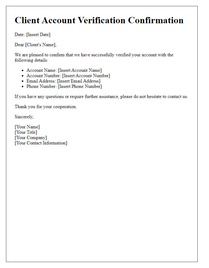 Letter template of Client Account Verification Confirmation