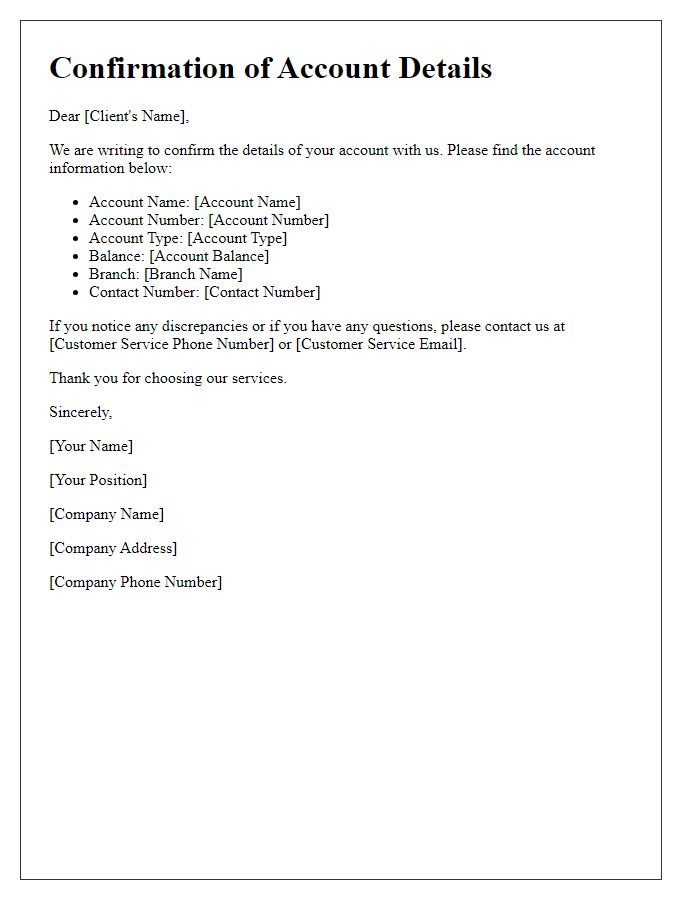 Letter template of Confirmation of Account Details for Clients