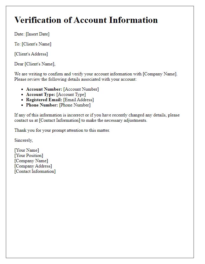 Letter template of Verification of Account Information for Clients