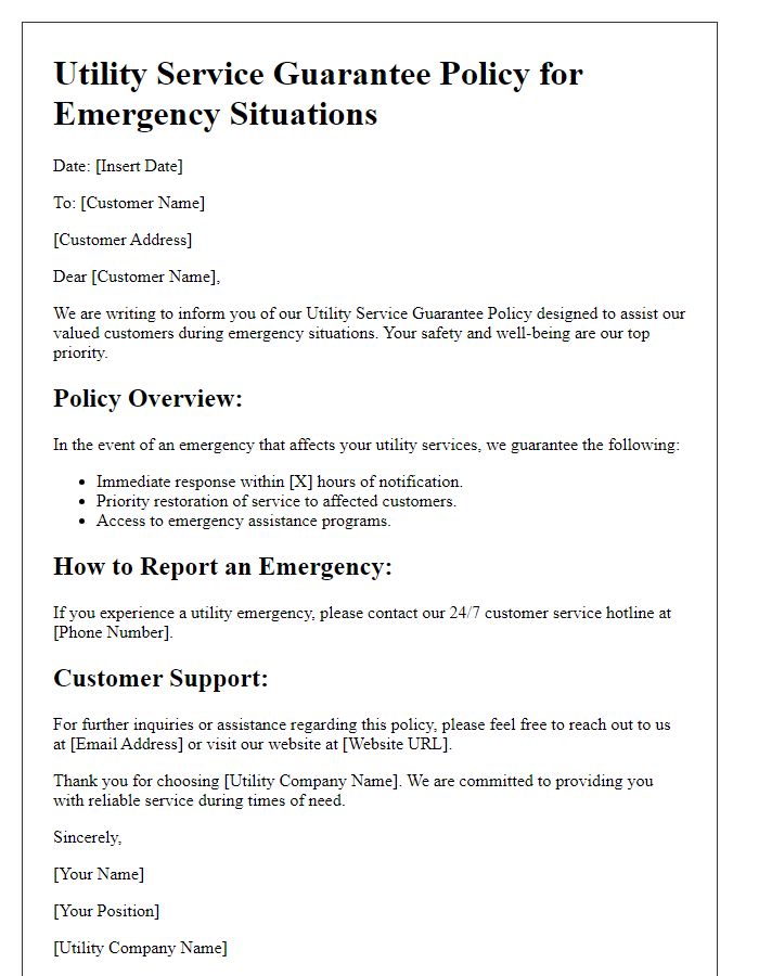 Letter template of utility service guarantee policy for emergency situations.