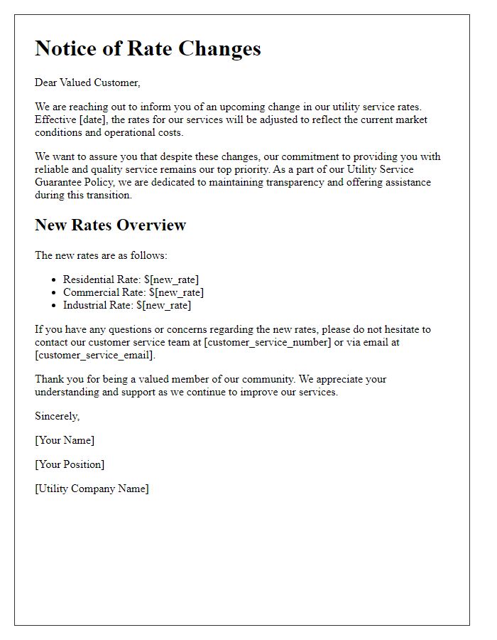 Letter template of utility service guarantee policy for rate changes announcements.