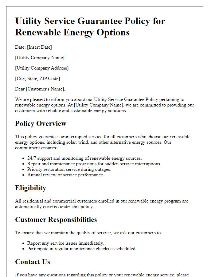 Letter template of utility service guarantee policy for renewable energy options.