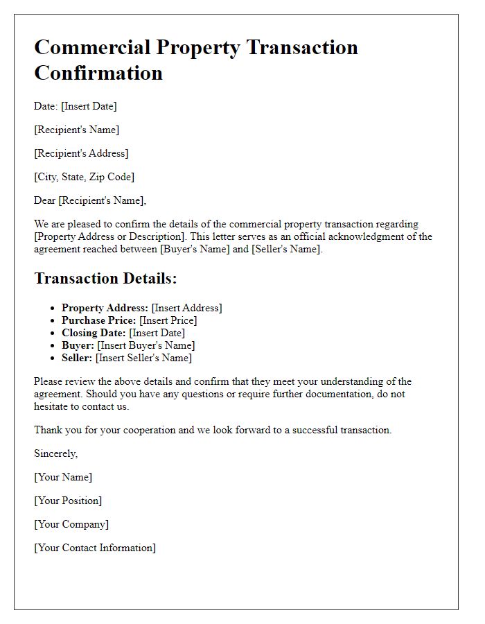 Letter template of commercial property transaction confirmation