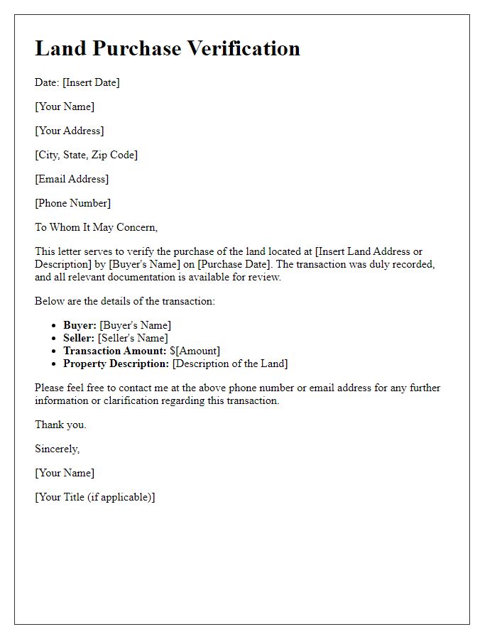 Letter template of land purchase verification