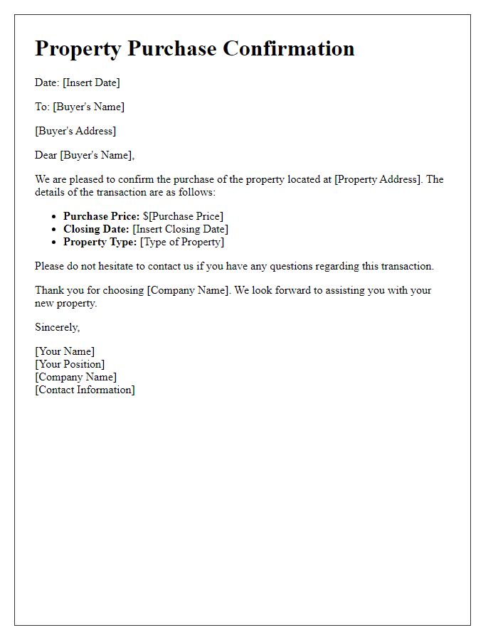 Letter template of property purchase confirmation