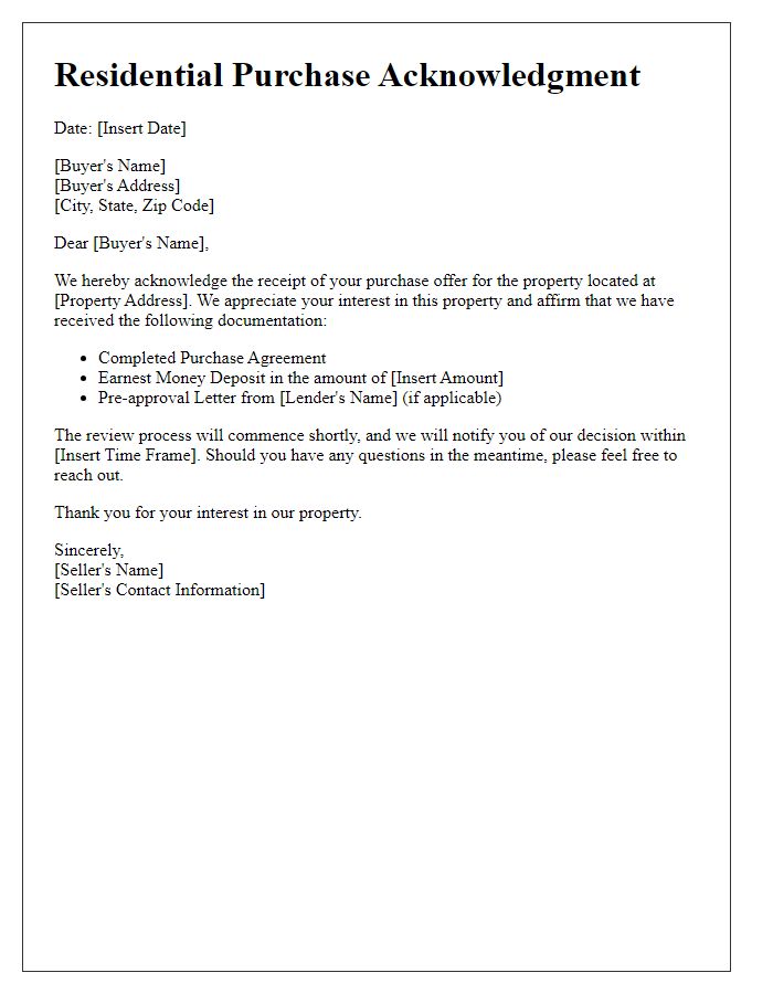 Letter template of residential purchase acknowledgment