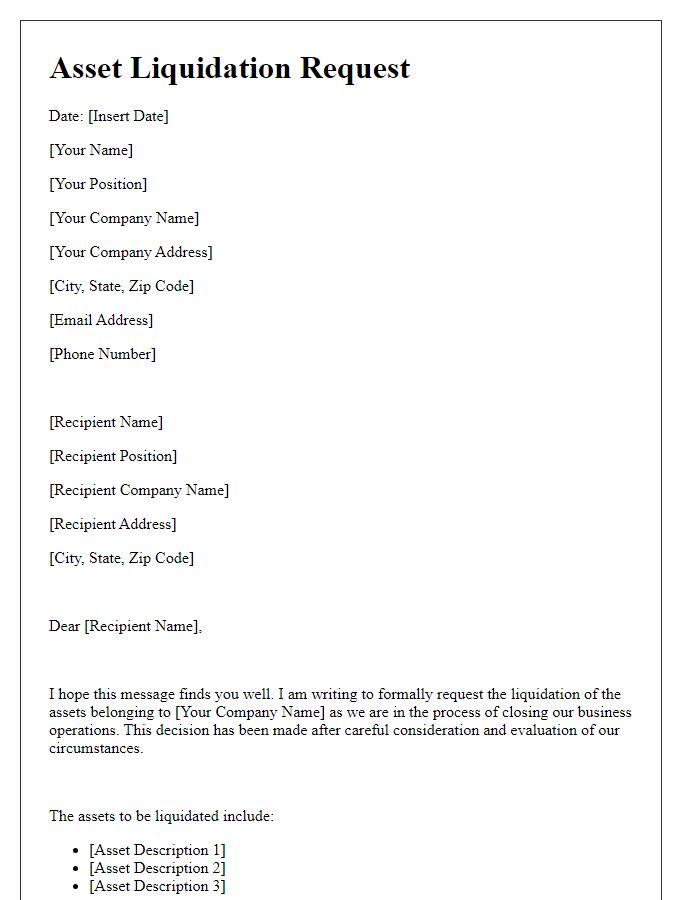 Letter template of asset liquidation request for business closure