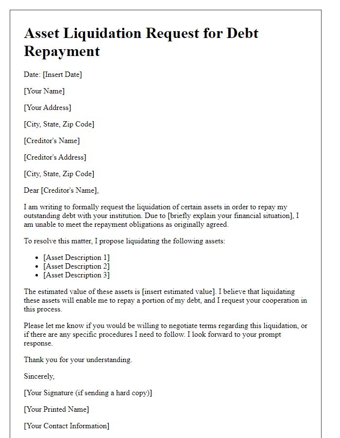 Letter template of asset liquidation request for debt repayment