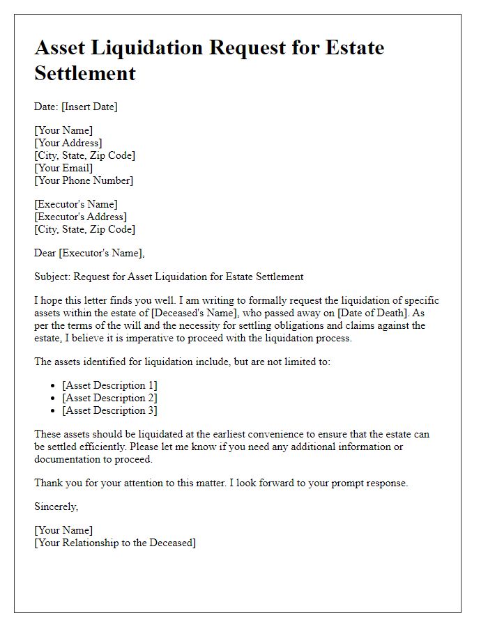 Letter template of asset liquidation request for estate settlement