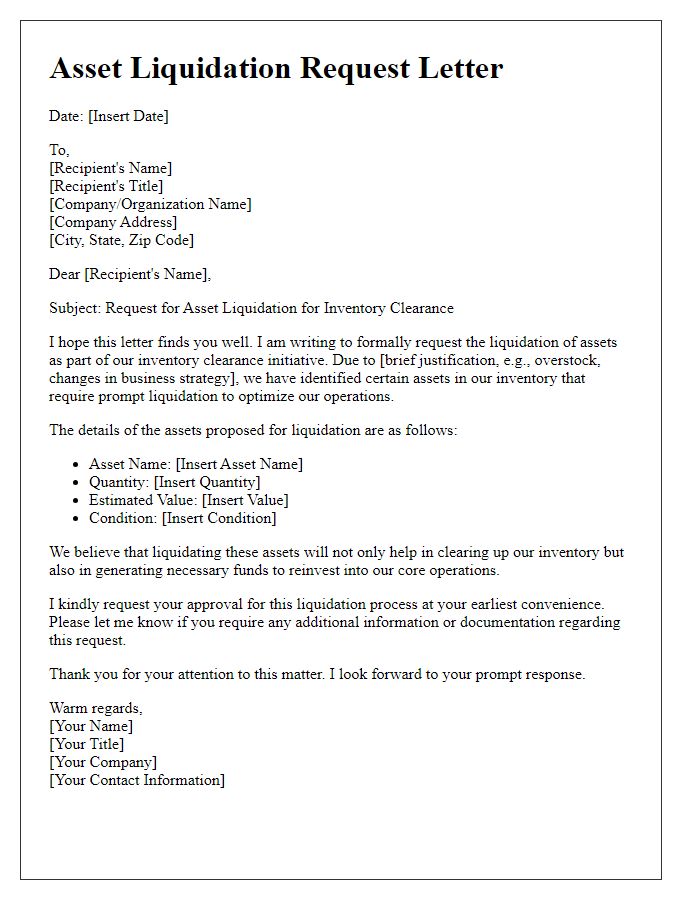 Letter template of asset liquidation request for inventory clearance