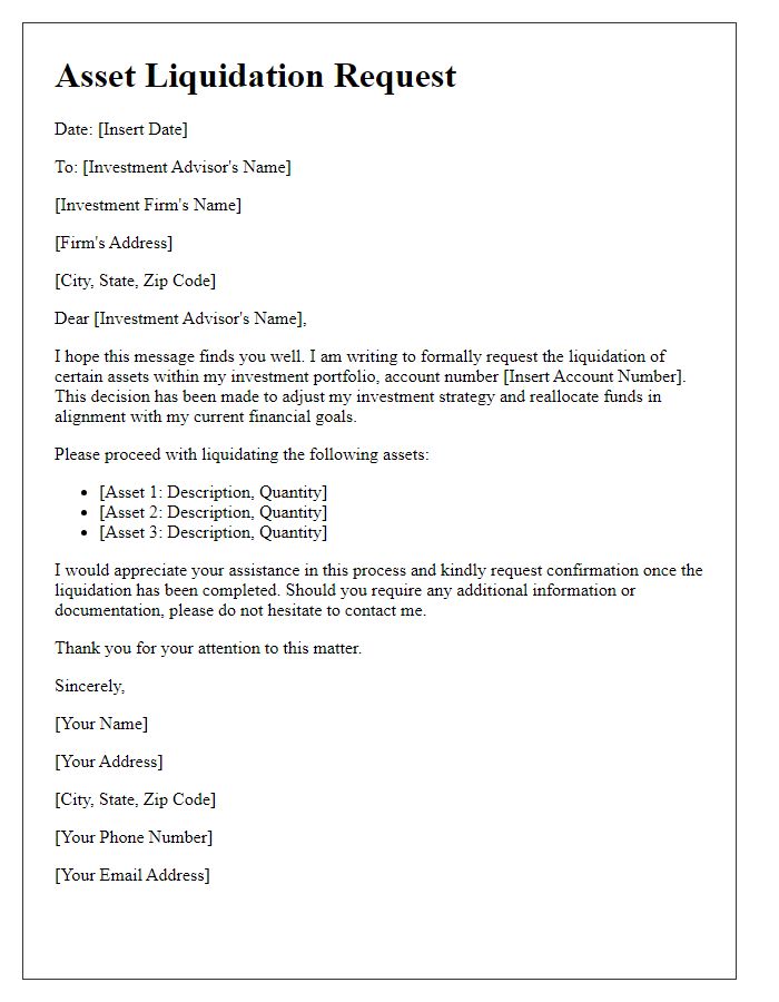 Letter template of asset liquidation request for investment portfolio adjustment