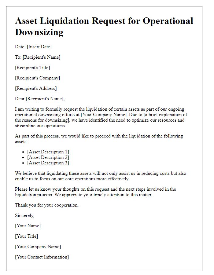 Letter template of asset liquidation request for operational downsizing