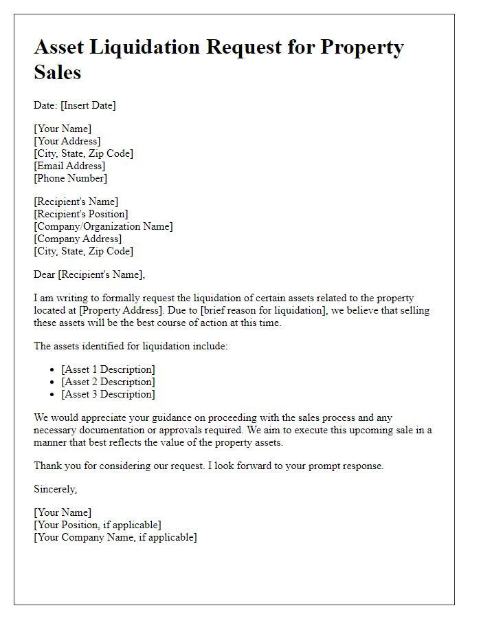 Letter template of asset liquidation request for property sales