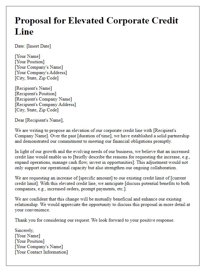 Letter template of proposal for elevated corporate credit line