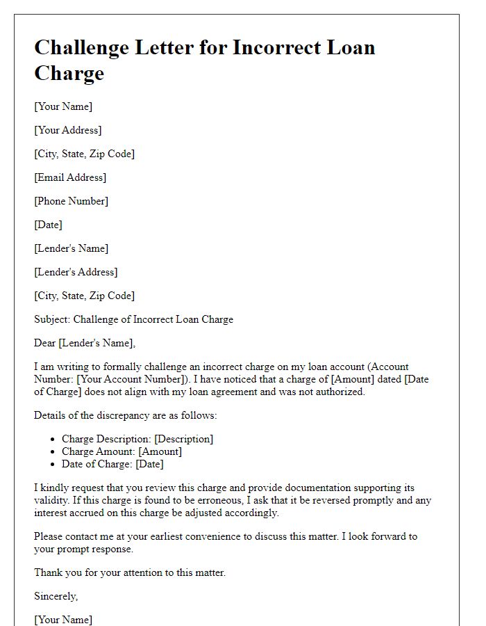 Letter template of challenge for incorrect loan charge