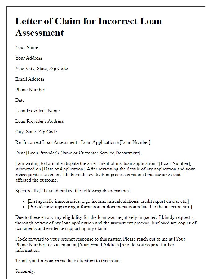 Letter template of claim for incorrect loan assessment