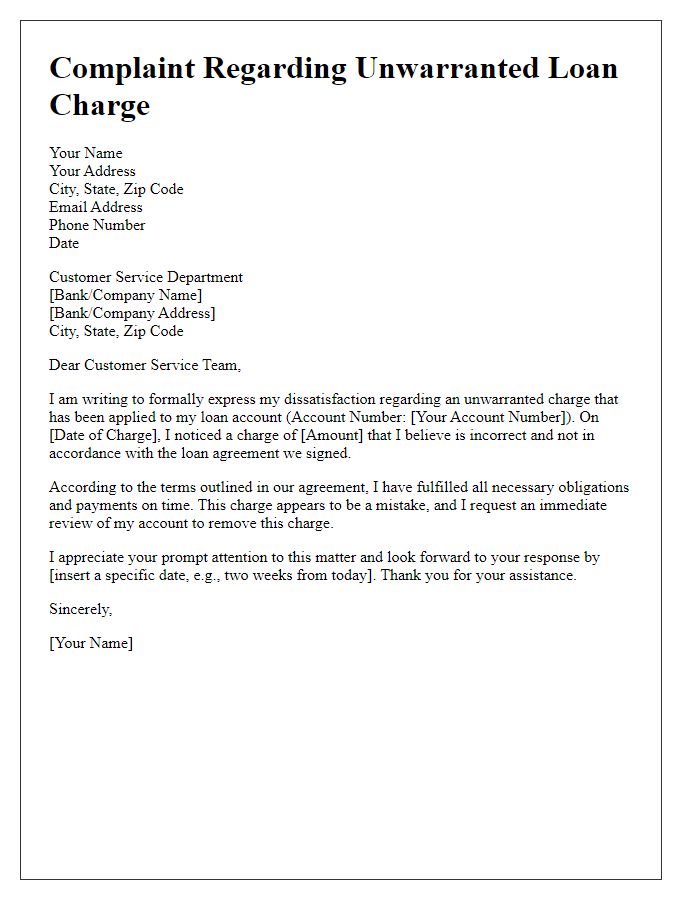 Letter template of complaint regarding unwarranted loan charge