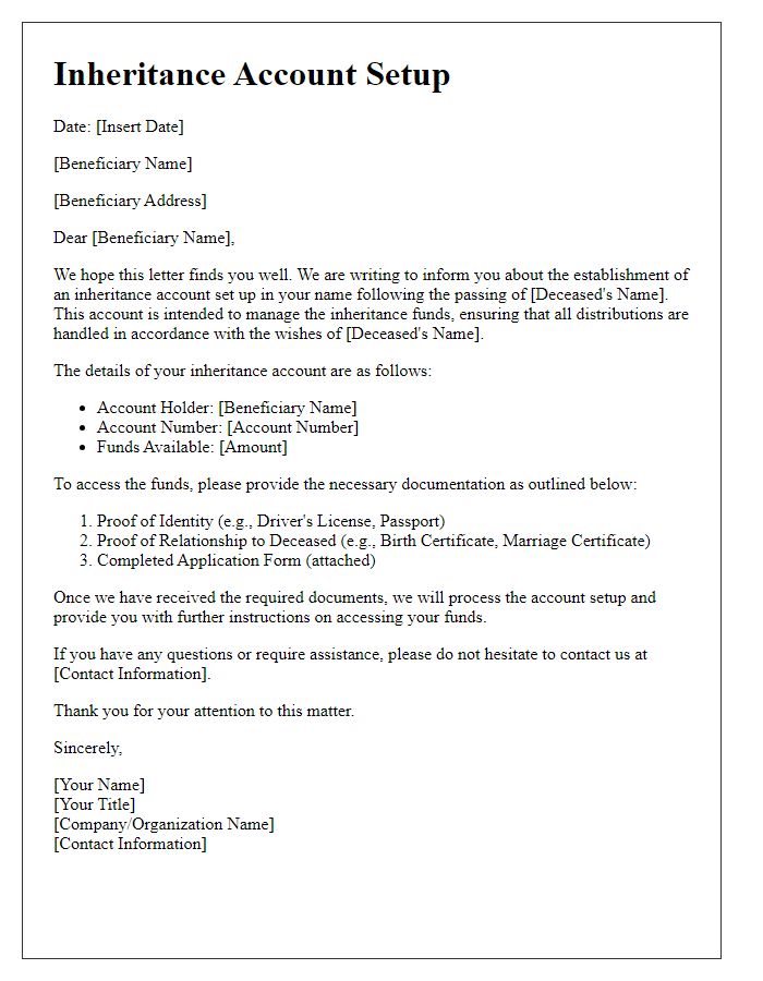 Letter template of inheritance account setup for beneficiaries.