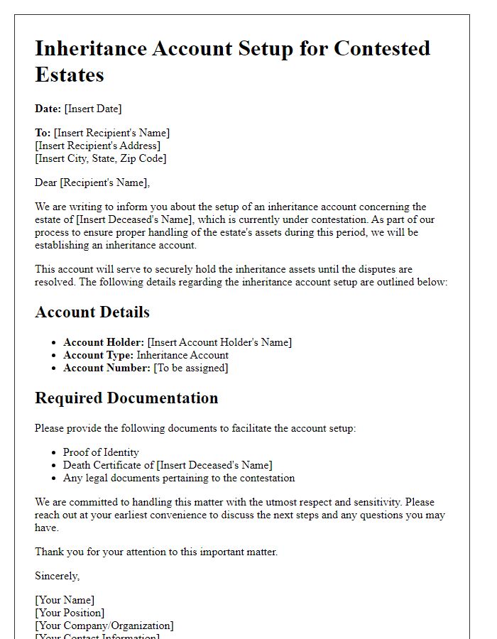 Letter template of inheritance account setup for contested estates.