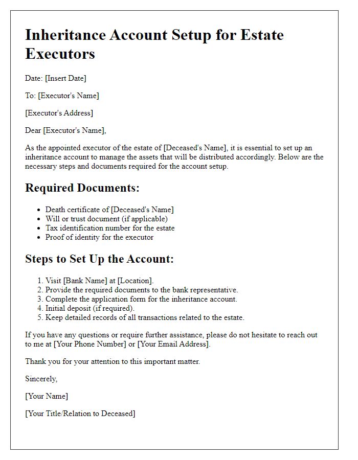 Letter template of inheritance account setup for estate executors.