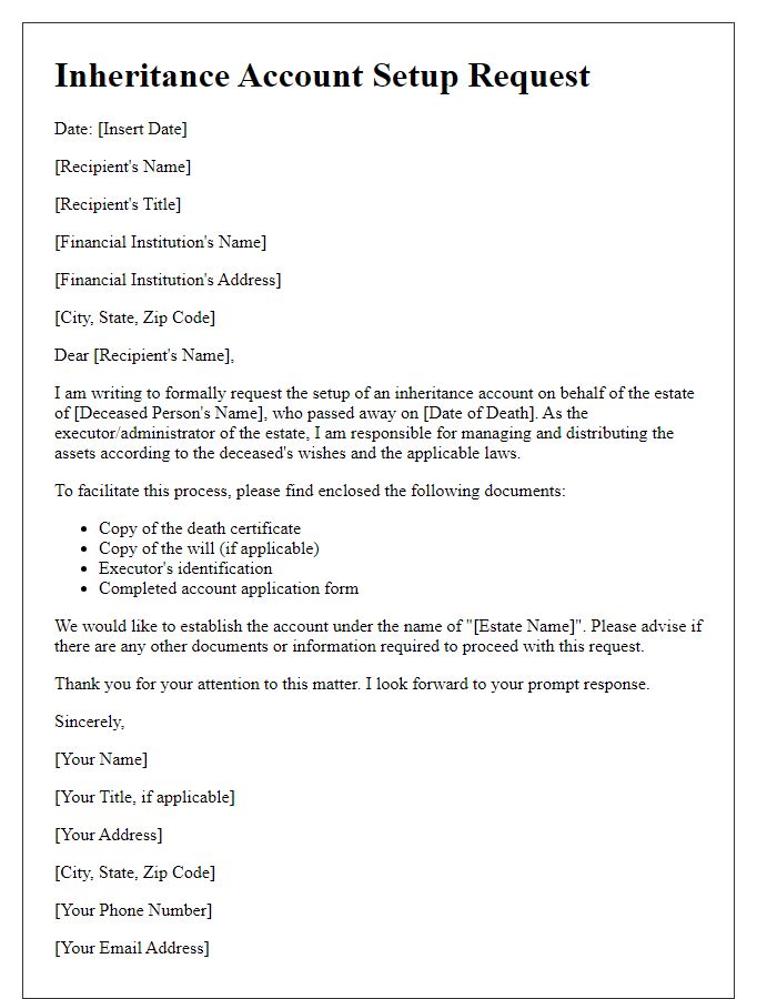 Letter template of inheritance account setup for financial institutions.