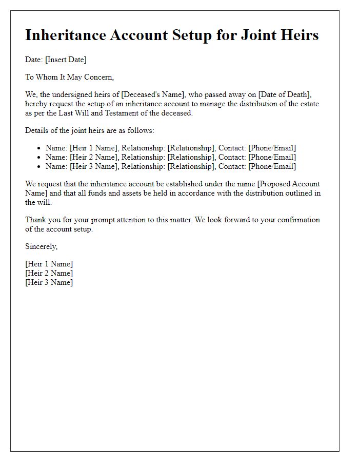 Letter template of inheritance account setup for joint heirs.