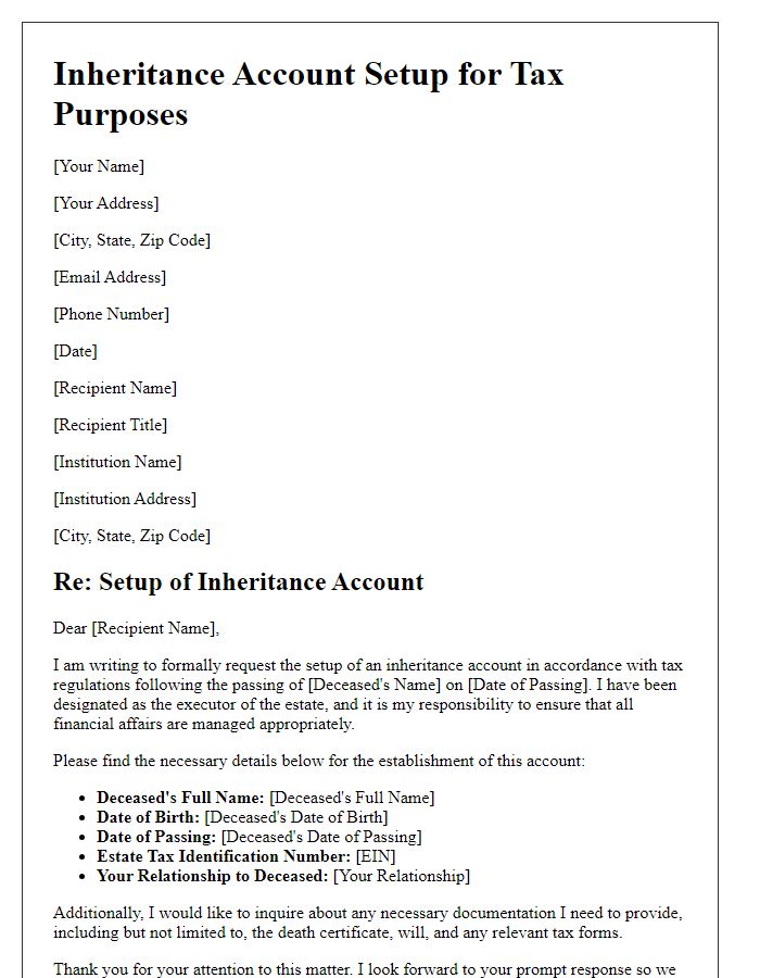 Letter template of inheritance account setup for tax purposes.