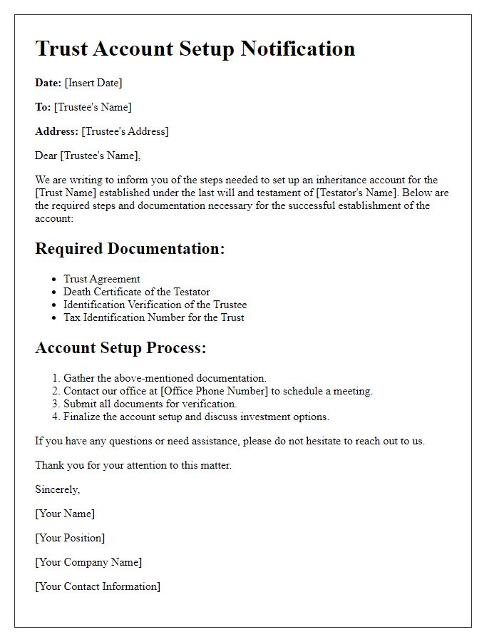 Letter template of inheritance account setup for trusts.