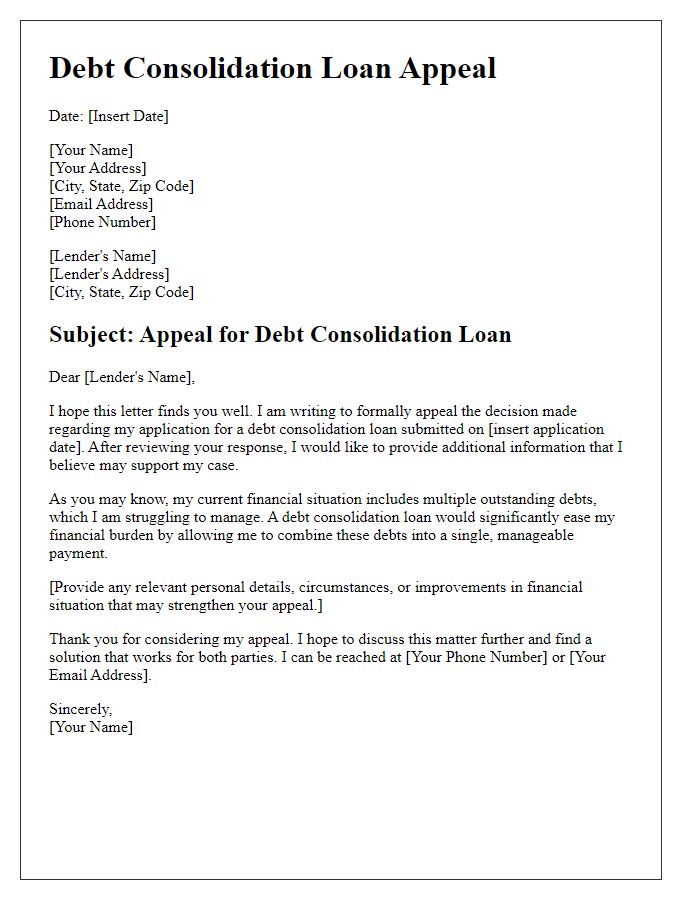 Letter template of appeal for a debt consolidation loan