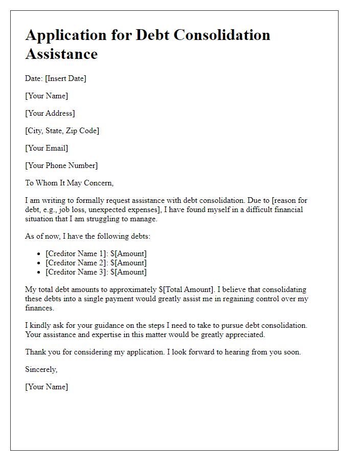 Letter template of application for debt consolidation assistance