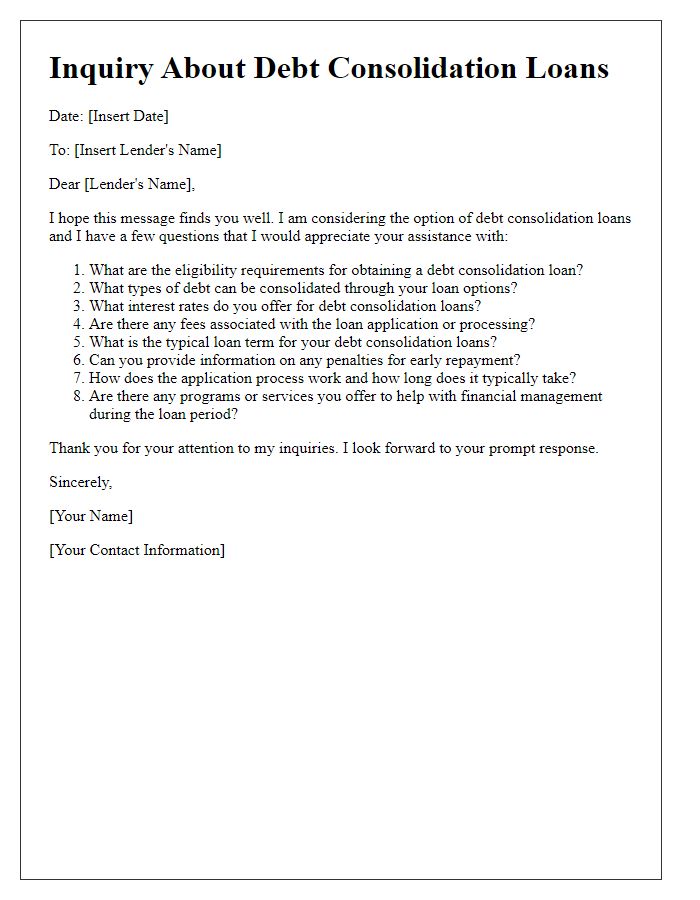 Letter template of questions about debt consolidation loans