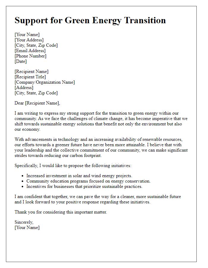 Letter template of green energy transition support.