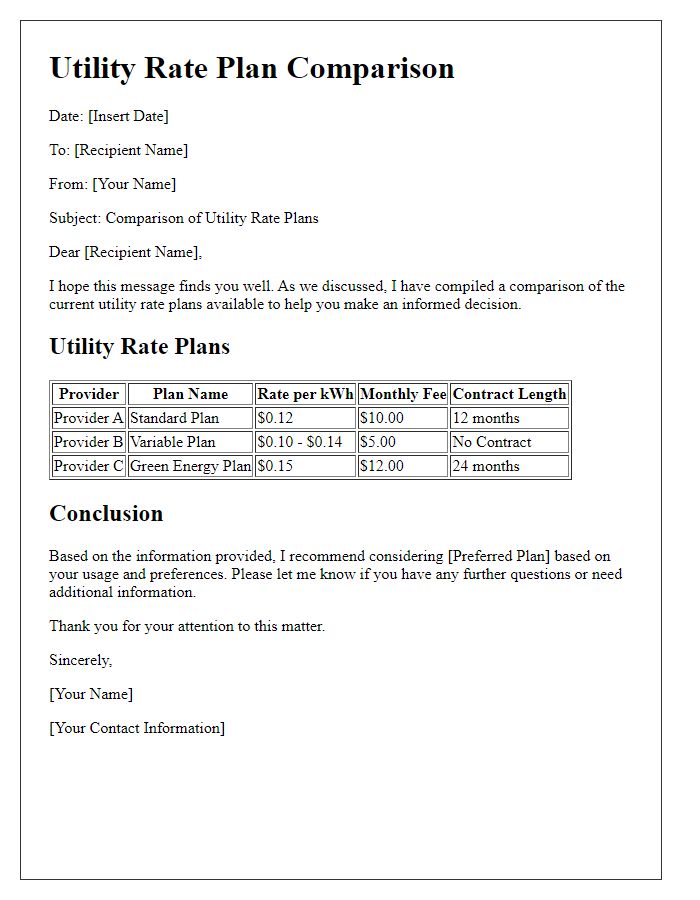 Letter template of utility rate plan comparison.