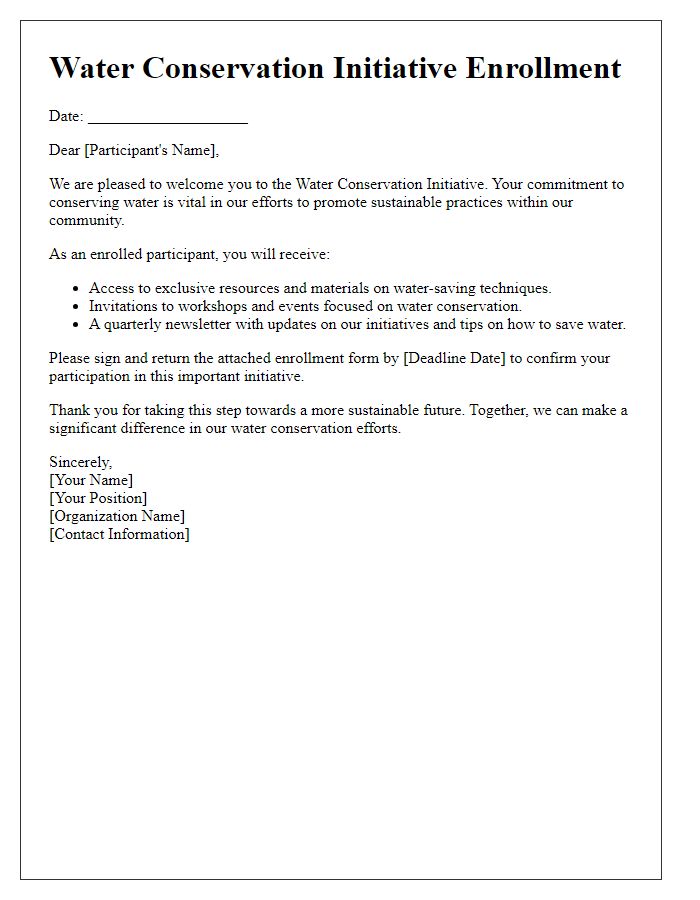 Letter template of water conservation initiative enrollment.