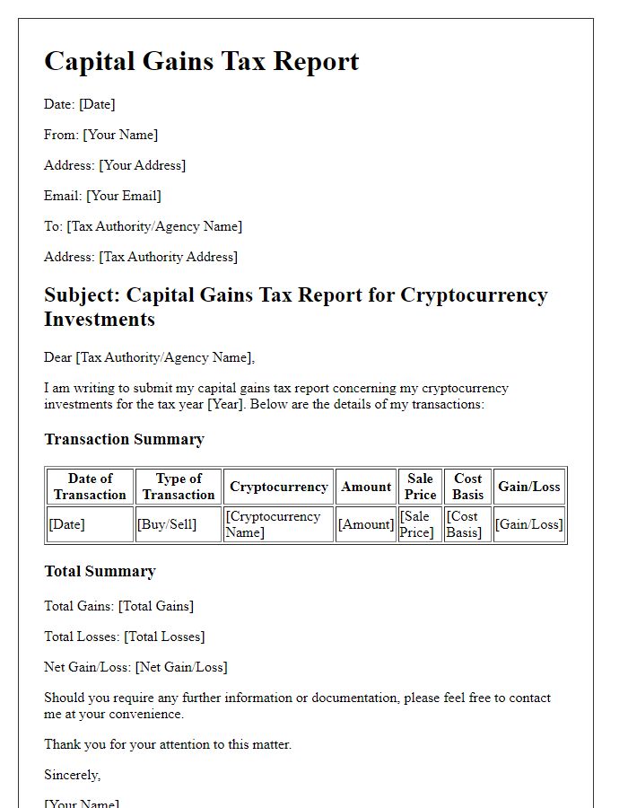 Letter template of capital gains tax report for cryptocurrency investments