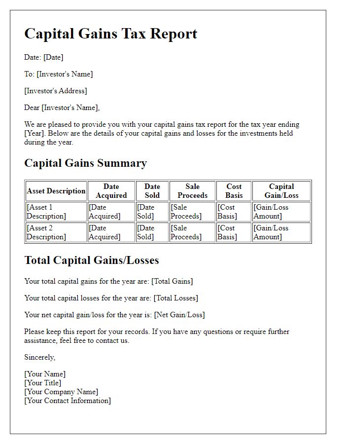 Letter template of capital gains tax report for individual investors