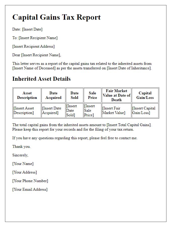 Letter template of capital gains tax report for inherited assets