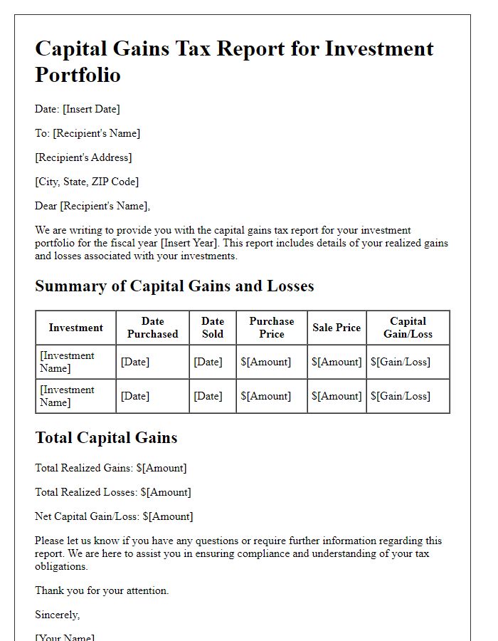 Letter template of capital gains tax report for investment portfolios