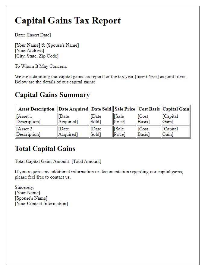 Letter template of capital gains tax report for joint filers