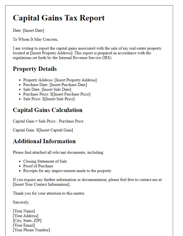 Letter template of capital gains tax report for real estate transactions