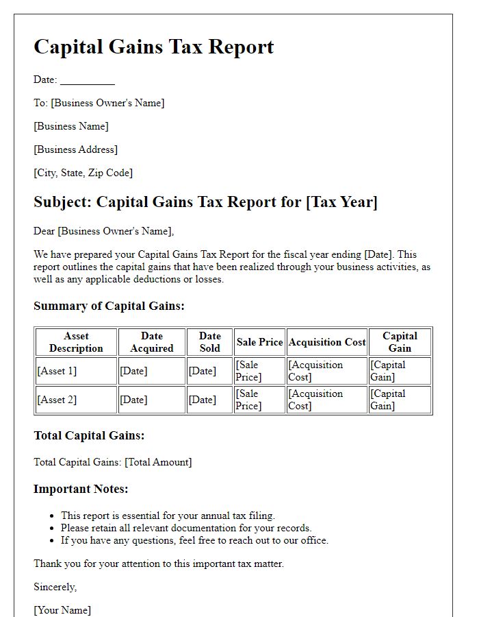 Letter template of capital gains tax report for small business owners