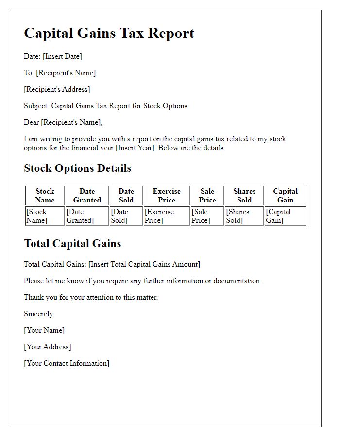 Letter template of capital gains tax report for stock options