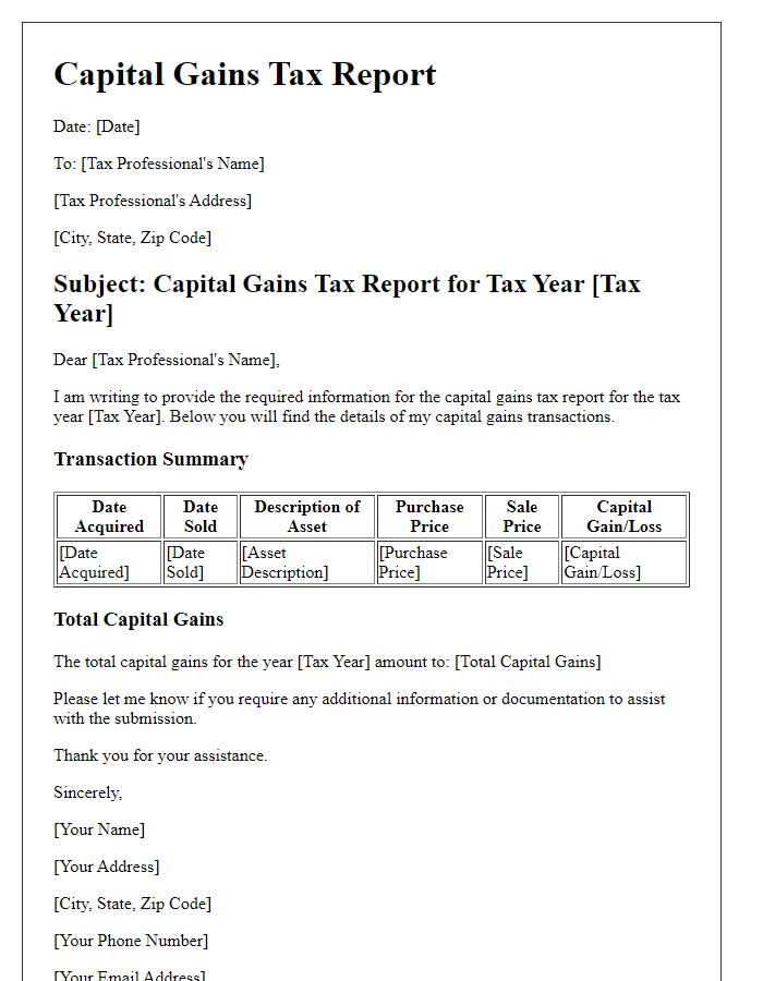 Letter template of capital gains tax report for tax professional submissions