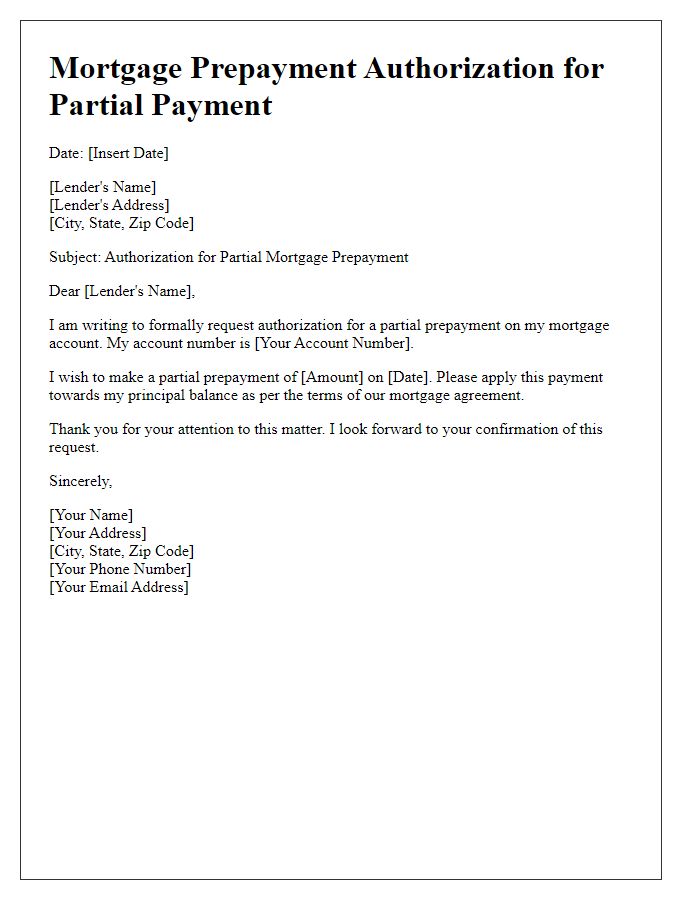 Letter template of mortgage prepayment authorization for partial payment