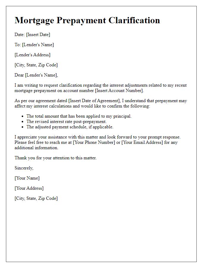 Letter template of mortgage prepayment clarification for interest adjustments